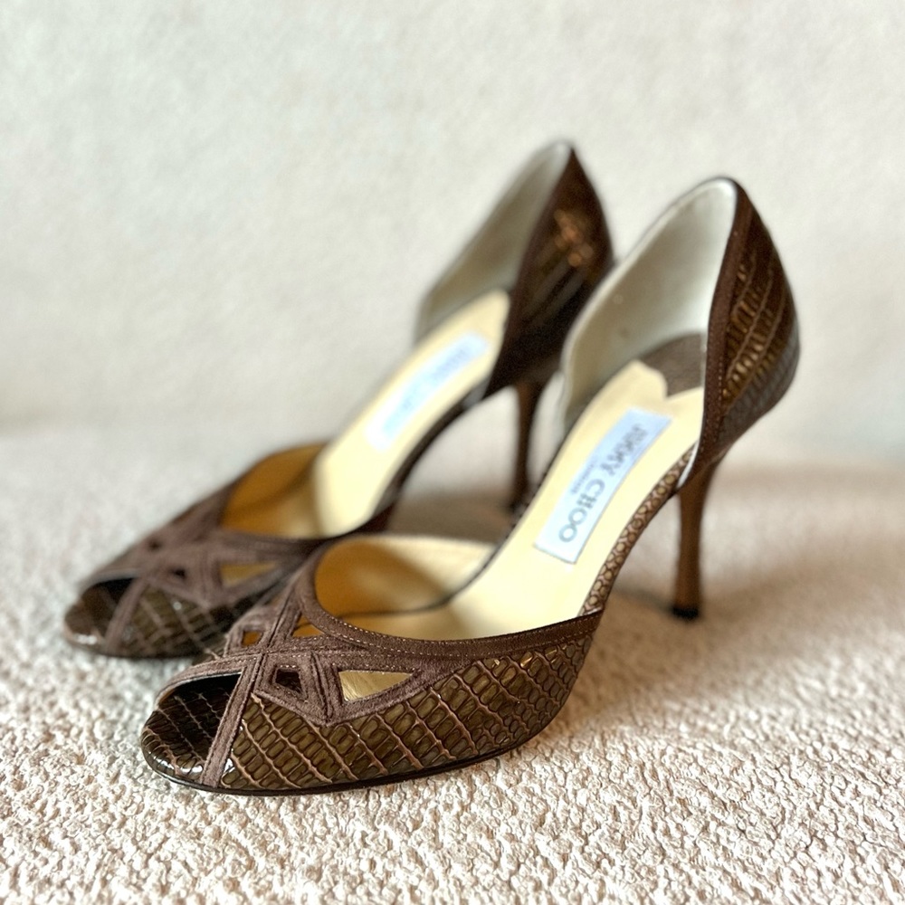 Jimmy Choo Brown Embossed Patent Leather Peep Toe D’Orsay Heels